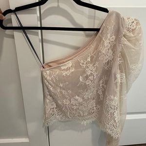 NBD, TAN LACE, ONE SLEEVE, CROP TOP, SIZE XS